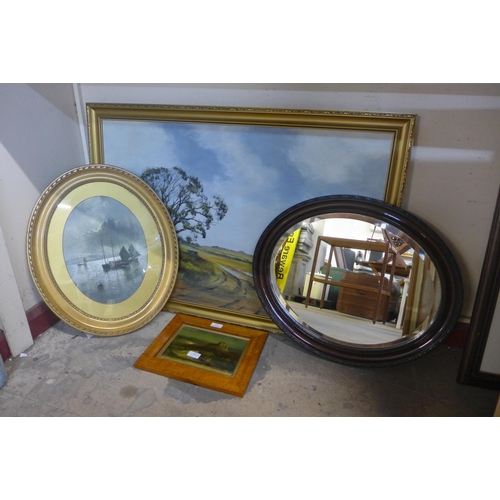 292 - Digby Page, Farm In The Quiet Of Afternoon, oil on canvas, dated 1980, two prints and an oval mahoga... 