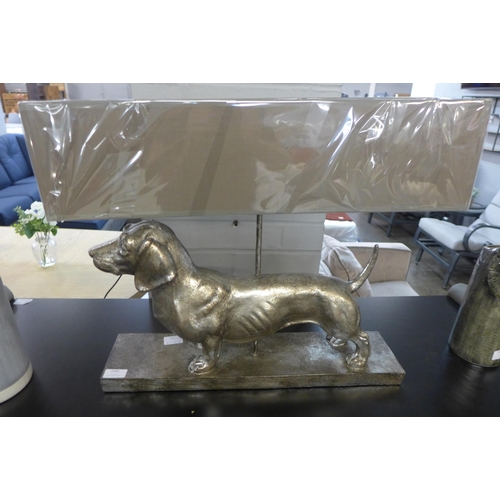 1446 - A large silver Dachshund lamp with grey shade, H 48cms x W 60cms (66692877)   #