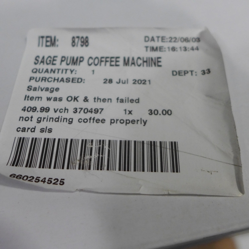 3321 - Sage Pump Coffee Machine, original RRP £449.99 + VAT, (258-96)   * This lot is subject to vat