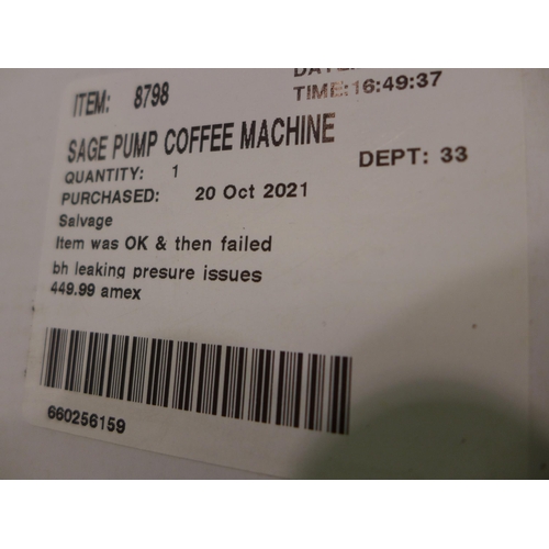 3078 - Sage Pump Coffee Machine, original RRP £449.99 + VAT, (258-214)   * This lot is subject to vat