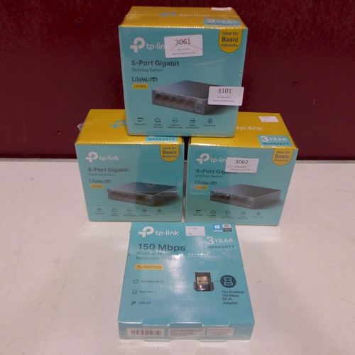 3101 - Three TP-Link 5-Port Gigabit desktop switches (LS105G) and a wireless 150 mbps Nano USB adaptor (TL-... 