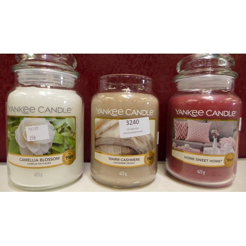 3240 - Three Yankee Candles, (258-8)   * This lot is subject to vat