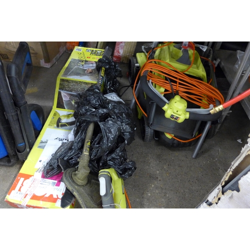 2091 - 3 Ryobi gardening power tools; hedge cutter, bush cutter & lawn mower - sold as scrap * this lot is ... 