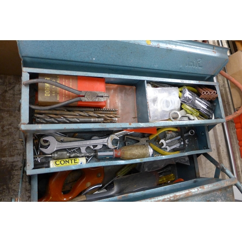 2099 - Two tool boxes and a quantity of tools including:- jack, scissors, tire iron, screws, drill bits, ga... 