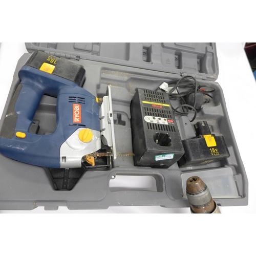 2109 - Four assorted power tools:- 3 drills and Ryobi jigsaw