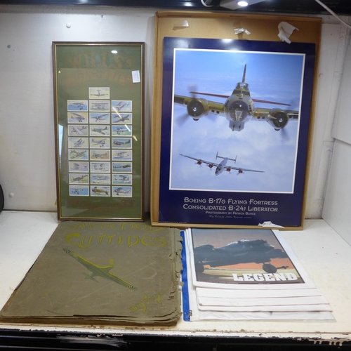 2202 - Aeroplane memorabilia including old magazines, a picture, plans and prints including pre-war