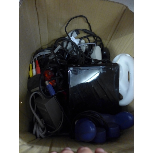 2203 - Gaming job lot: Xbox, Sega Dream Cast, Playstation 2, Wii, plus cables, controllers, etc.