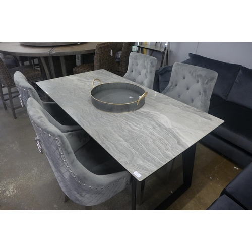 1395 - A Morada black metal and marble effect fixed top dining table with a set of four Angeles button back... 