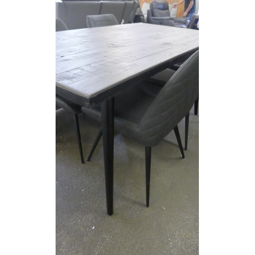 1479 - A grey timber and steel dining table and four chairs - scuffed chairs