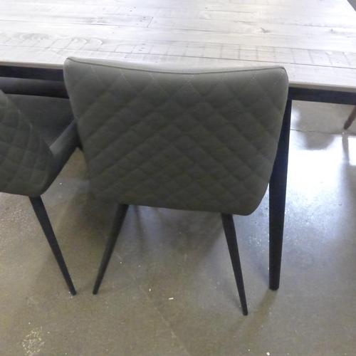 1479 - A grey timber and steel dining table and four chairs - scuffed chairs