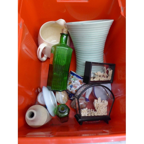 1012 - Two boxes of assorted glass, mixed china, two cork dioramas, a green glass bottle, etc. **PLEASE NOT... 