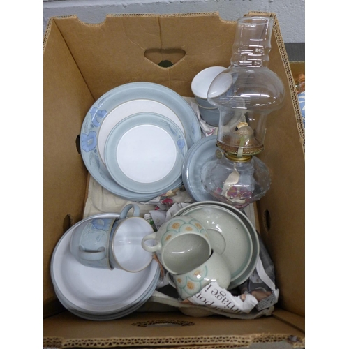 1013 - Two boxes of mixed china including Wedgwood Jasperware, Royal Crown Derby and Derby teawares **PLEAS... 