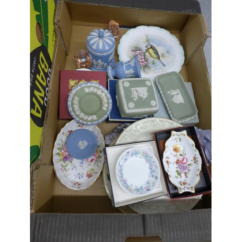 1013 - Two boxes of mixed china including Wedgwood Jasperware, Royal Crown Derby and Derby teawares **PLEAS... 