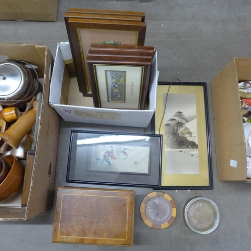 1015 - Six framed Cash's silk pictures, wooden items, tea ware and flatware, etc. **PLEASE NOTE THIS LOT IS... 