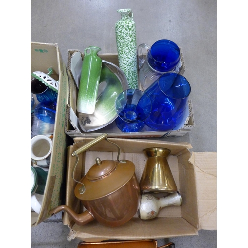 1033 - Three boxes of mixed glassware, stoneware, metalware and china **PLEASE NOTE THIS LOT IS NOT ELIGIBL... 