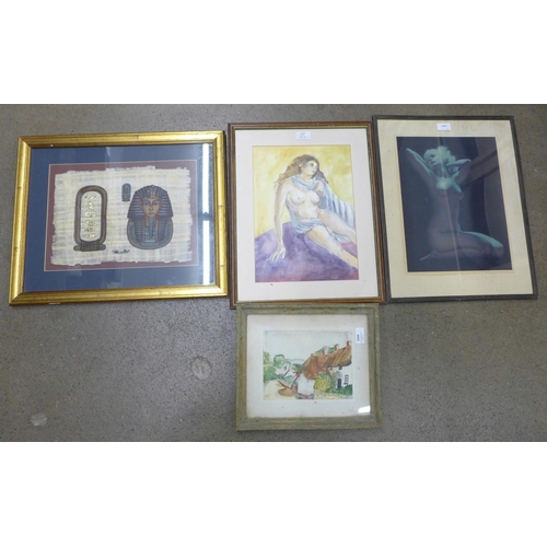 1034 - Two English School watercolours, a print and an Egyptian painting on papyrus **PLEASE NOTE THIS LOT ... 