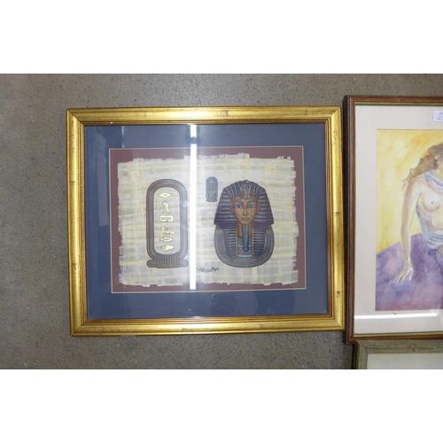 1034 - Two English School watercolours, a print and an Egyptian painting on papyrus **PLEASE NOTE THIS LOT ... 