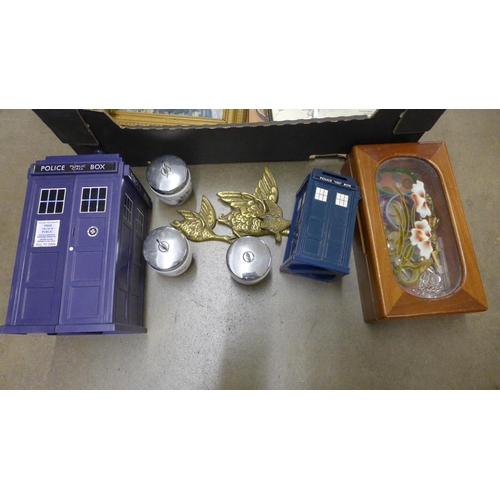 1041 - Wristwatches, a set of three brass ducks, two Dr. Who Tardis, three prints and three egg coddlers