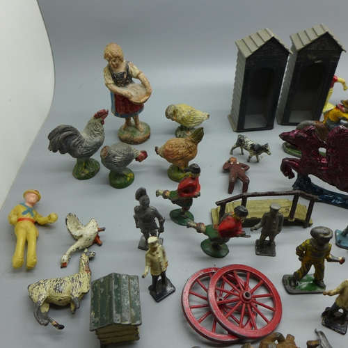 672 - A pre-war Elastolin group of figures comprising a farm girl, two hens, a rooster and a goose. Also a... 