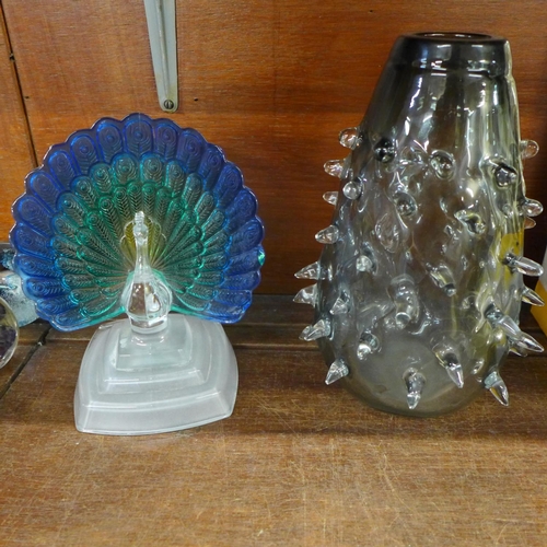 682 - An Art glass vase, a glass peacock, and a cut glass biscuit barrel with plated top