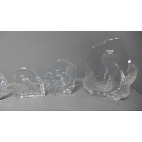 685 - Five Mats Johanssen animal themed glass paperweights and one other