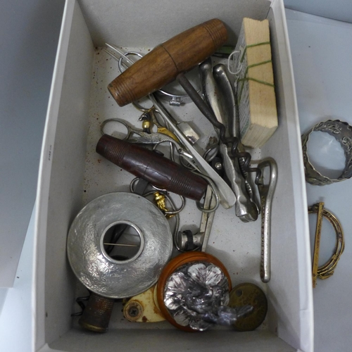 712 - A plated box, napkin rings, and other metal wares etc.