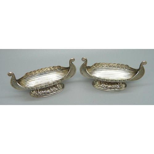 823 - A pair of Norwegian 830 silver salts in the form of Viking long ships, the bases marked Nordkapp and... 