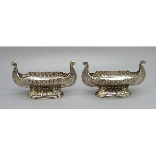 823 - A pair of Norwegian 830 silver salts in the form of Viking long ships, the bases marked Nordkapp and... 