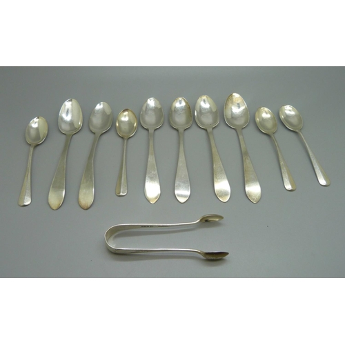 824 - Ten 19th Century silver spoons, (6+4), and a pair of silver sugar bows, 138g