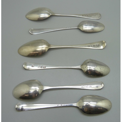 830 - Six Georgian spoons including one Hester Bateman, 81g