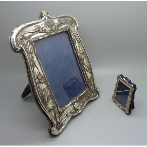 836 - Two silver photograph frames, largest Birmingham 1907, 21.5cm tall and a/f