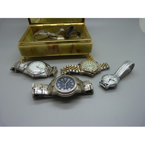 852 - A lady's 9ct gold Rotary wristwatch and other wristwatches in an onyx jewellery box