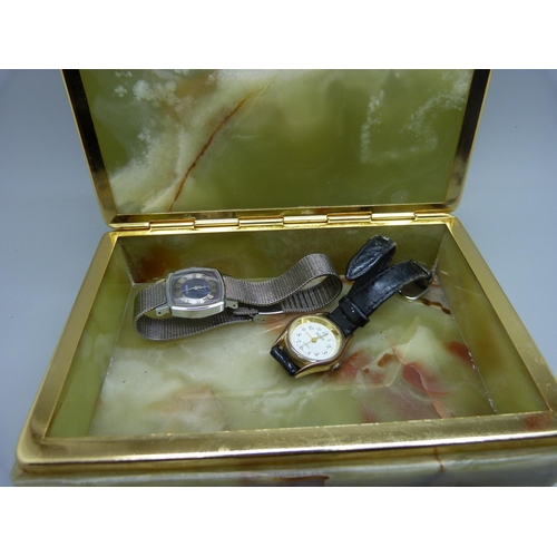 852 - A lady's 9ct gold Rotary wristwatch and other wristwatches in an onyx jewellery box