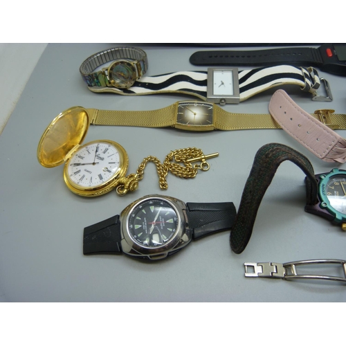 855 - Wristwatches including Casio and Timex, pocket watches, a Hong Kong Police fob/belt watch, etc.