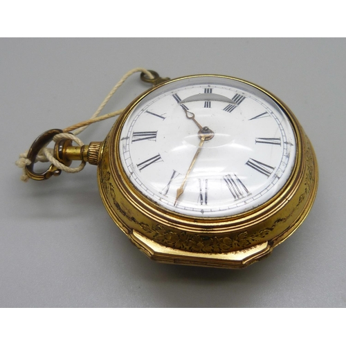 969 - A pair cased verge pocket watch, the movement marked J. Gregory, London, enamel and decoration on ca... 