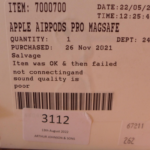 3112 - Apple Airpods Pro Magsafe (model no.:- MLWK3ZM/A), original RRP £164.99 + VAT (262-228)  * This lot ... 