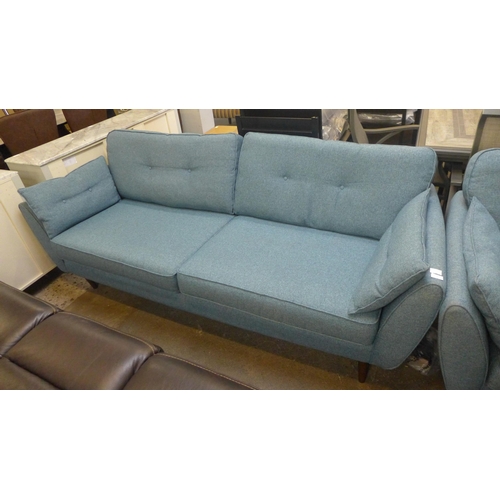 1548 - A DFS French Connection three seater, two seater and love seat in blue textured weave fabric with da... 