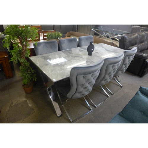 1550 - A Vanquish large dining table and a set of six Hugo grey velvet button back dining chairs