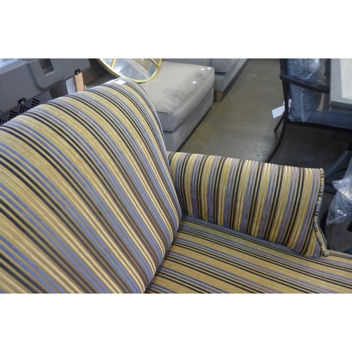 1598 - A gold blue and black striped chaise with dark wood legs