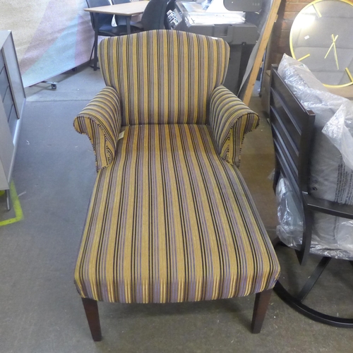 1598 - A gold blue and black striped chaise with dark wood legs