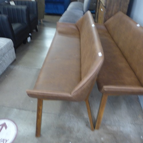 1418 - A brown leather effect three seater bench with dark oak legs