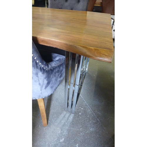 1552 - A Live edge dining table and a set of four grey velvet button back dining chairs (one chair has rust... 