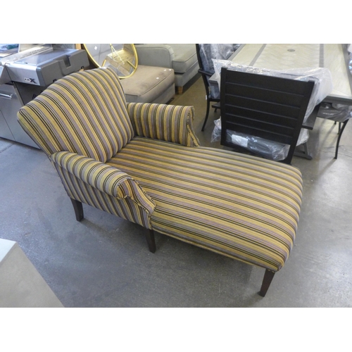 1598 - A gold blue and black striped chaise with dark wood legs