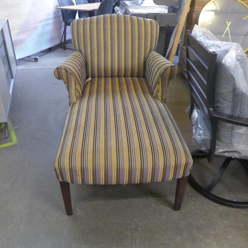 1598 - A gold blue and black striped chaise with dark wood legs