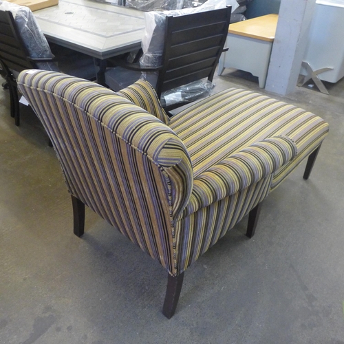 1598 - A gold blue and black striped chaise with dark wood legs