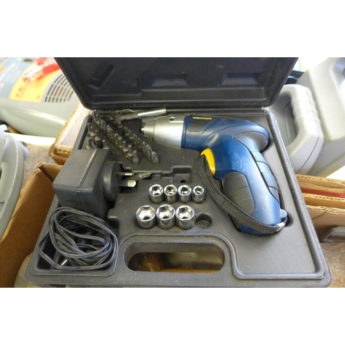 2042 - Box of approx. 15 electric screwdriver sets and box of drill bits and miscellaneous joinery tools