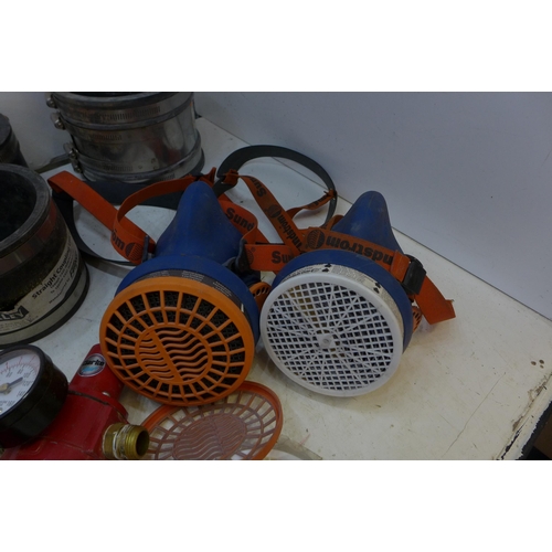 2051 - Two heavy duty Sandstrom respirators with quantity of metal cable Clarke air gauge and pipe connecto... 