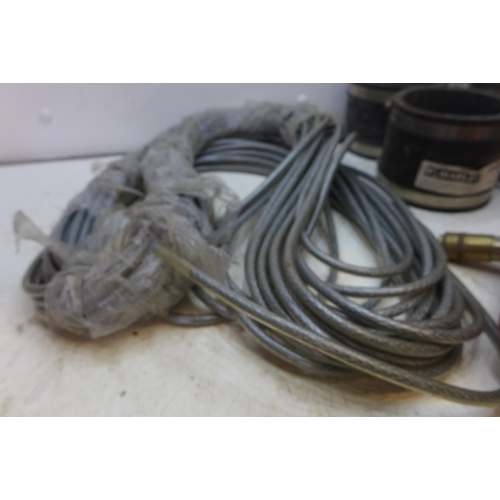 2051 - Two heavy duty Sandstrom respirators with quantity of metal cable Clarke air gauge and pipe connecto... 