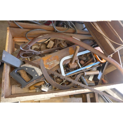 2116 - 2 Boxes of misc. items inc. hand tools, sockets, spanners, saw, etc.