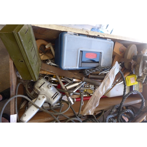2116 - 2 Boxes of misc. items inc. hand tools, sockets, spanners, saw, etc.